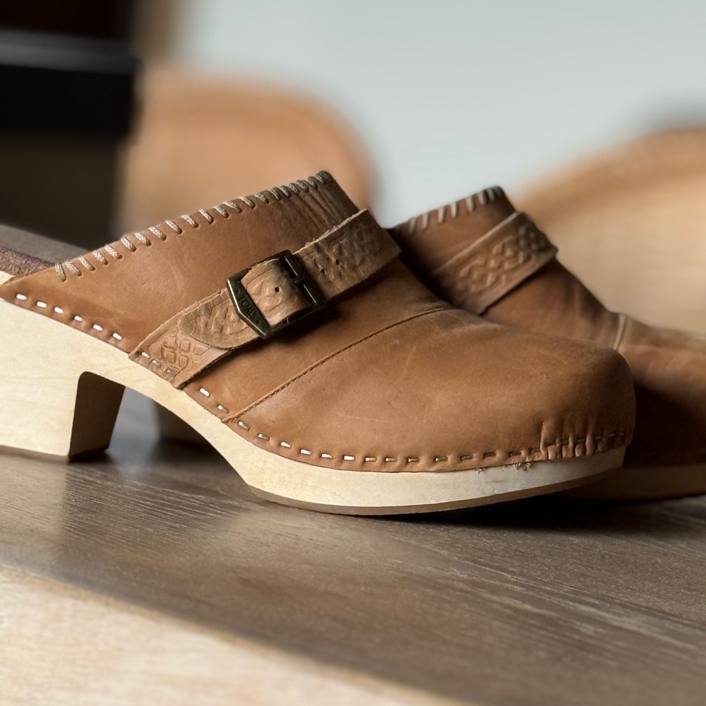 Brown Leather Clog Mules with Buckle Detail